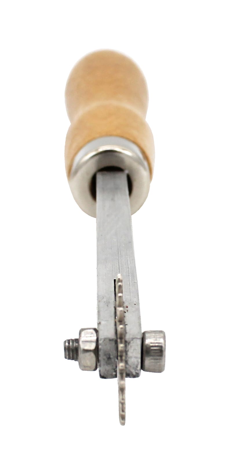 May include: A silver leather crafting tool with a wooden handle and a serrated blade. The tool is used for cutting leather.