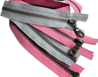 Sale 36" 2pcs YKK #5 Antique Brass with Donut Drop Pull Medium Weight Metal Jacket Zipper Separating Made in The United States Pink and Grey