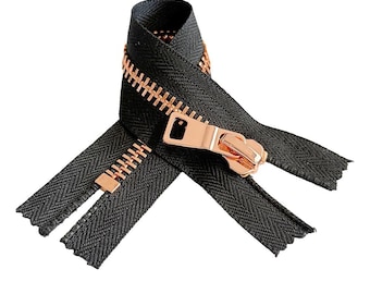 Rose Gold #8 Metal Zipper, Black Tape, Long Pull, Non-Separating (4-36 inch)