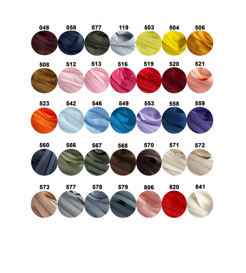 May include: A color chart of zipper tape samples. The chart includes a variety of colors, including red, blue, green, yellow, orange, and brown. The zipper tape samples are arranged in rows and columns.
