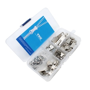 May include: A clear plastic storage box with multiple compartments filled with silver zipper parts and a blue pamphlet with the text "YKK Little Parts, Big Difference."