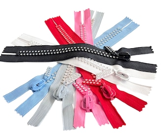7 Inches Rhinestone Zippers Dual-Strand/Czech Rhinestones -Double Row Fancy Pull Closed End by Each (Black, White, Pink, Grey, Blue or Red)