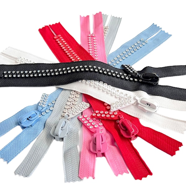 7 Inches Rhinestone Zippers Dual-Strand/Czech Rhinestones -Double Row Fancy Pull Closed End by Each (Black, White, Pink, Grey, Blue or Red)