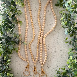 Natural Wood and Gold Accent Lanyard, Teacher Lanyard, Wooden Bead Lanyard, Wood and Gold Beaded Lanyard