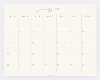 2026 Monthly Calendar Printable, Neutral Template, Instant Download