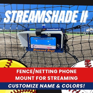 StreamShade II - Phone Fence Mount with Shade w/External Battery Cradle, Cooling Fan used with Chain Link Fence or Netting