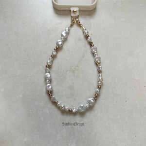 Correa para teléfono con perlas/cuentas doradas e inserto - Ajuste universal