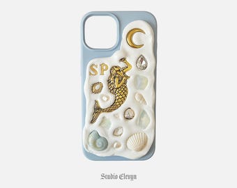 Siren | Customizable Mosaic Phone Case. Each Item is Meticulously Handcrafted with High Quality Charms, Shells, and Pearls.
