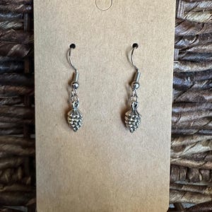 May include: A pair of silver dangle earrings with a small, detailed pine cone charm.