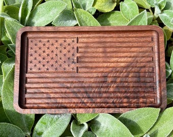 Walnut American Flag Catch-All Tray: Engraved Wood Tray