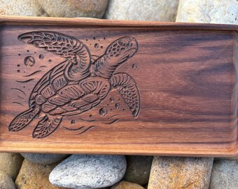 Wooden Trinket Tray Walnut Catchall Dish Design Sea Turtle Carved Decoration Coastal Home Bedroom Dresser Jewelry Organizer Bathroom Counter
