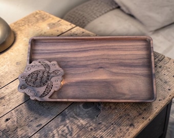 Walnut Serving Tray Kitchen Organizer Catch All Jewelry Holder Wooden Dish Sea Turtle Ocean Gift Beach House Coastal Home Appetizer Server