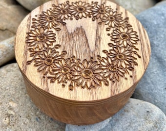 Natural Wood Trinket Box Storage Chest Handmade Jewelry Container for Keepsake Gift Box with Daisy Design Detail Wood Carved Flower Art