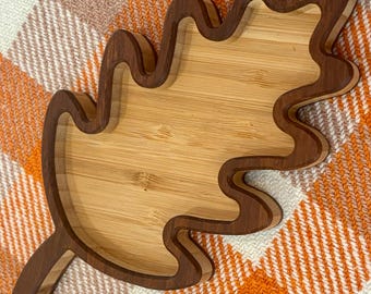 Leaf Serving Tray Table Decor Dining Room Accent Piece Natural Wood Kitchen Decor Bamboo Plate Food Safe Thanksgiving Table Centerpiece
