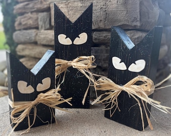 Black Feline Decor Primitive Decor Halloween Decoration Farmhouse Accent Shelf Display Spooky Cat Folk Art Rustic Design Mantel Piece Art