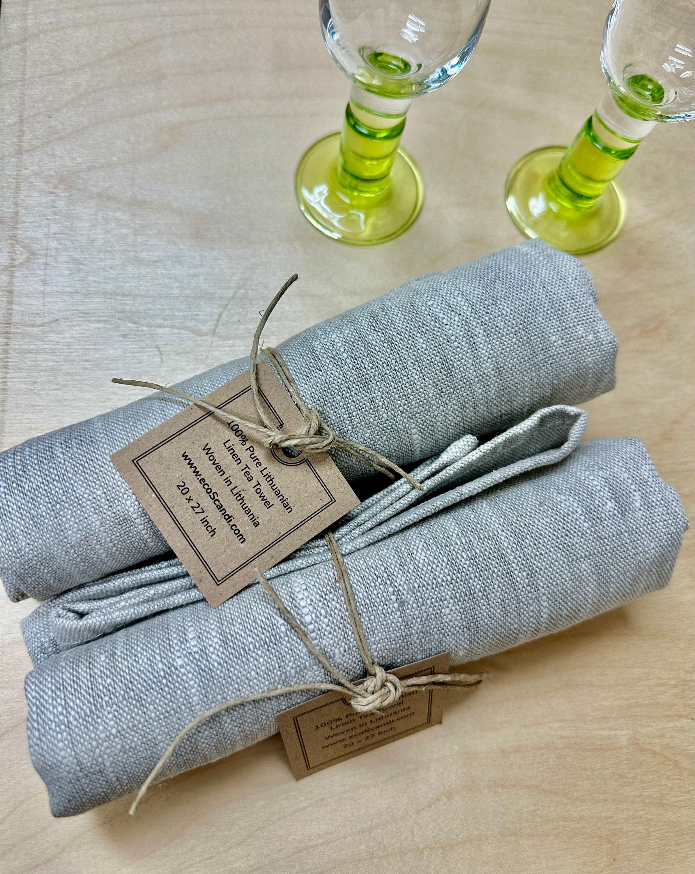 Stonewashed linen - pure 100% flax linen kitchen tea towel hand towel  heather light green with white stripes stone washed pre-washed laundered  Europe European linen lint free fast dry eco-friendly natural living –