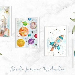 Space Watercolor Card Set •  Planets • Space Shuttle • Astronaut •  Earth • Space Cards • Note cards • Blank Note Cards • Card set of 4