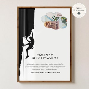 Könnte beinhalten: Ein gerahmter Druck mit Kletterthema. Auf der linken Seite befindet sich eine schwarze Silhouette einer Person, die eine Felswand erklimmt. Oben befindet sich eine wolkenförmige Collage aus Euro-Banknoten. Die Worte "HAPPY BIRTHDAY!" werden angezeigt.