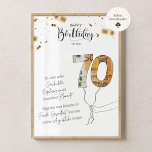 Könnte beinhalten: Ein gerahmter Druck mit der Aufschrift "Happy Birthday To You". Die Zahl 70 wird aus Euro-Banknoten gebildet, die von einer handgezeichneten Kontur gehalten werden. Goldkonfetti und deutscher Text vervollständigen das Design.