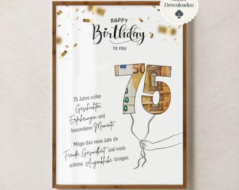 Geld cadeau 75e verjaardag man vrouw geboren in 1950 cadeau idee geld grappig DIY verjaardagscadeau I PDF direct downloaden printen zelf