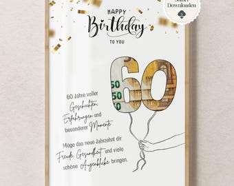 Money gift 60th birthday man woman born in 1965 gift idea money funny DIY birthday gift I PDF instant download print yourself