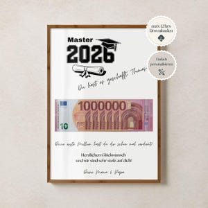 Regalo en efectivo personalizado por graduación, Máster 2026, Regalo de Máster, examen aprobado, título universitario, descarga digital