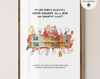 Money gift for a man's birthday | Craftsmen, hobbyists | Personalized birthday gift | PDF download poster gift | Gift money