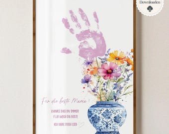 Gepersonaliseerd handafdrukcadeau voor moederdag of een verjaardag. Knutselidee voor kinderen: handafdrukken van bloemen. Direct downloaden