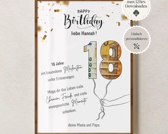 Puede incluir: Un cartel de cumpleaños enmarcado con las palabras "Happy Birthday" y "liebe Hannah!". El número "18" está diseñado como un globo, con el "8" hecho de billetes en euros. El cartel incluye texto en alemán y está decorado con confeti.