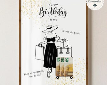Regalo de cumpleaños en efectivo para niña, vale para mujer, novia, hija, dinero, envoltura de regalo, idea de regalo personalizada, descarga instantánea en PDF