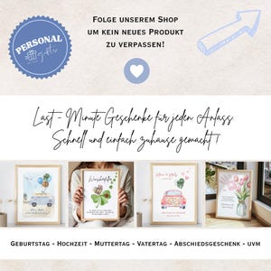 Puede incluir: Imagen promocional con un logotipo azul y texto en alem&aacute;n que anima a los espectadores a seguir la tienda. Debajo se muestran cuatro impresiones de acuarela enmarcadas, con texto en alem&aacute;n. El texto inferior enumera ocasiones.