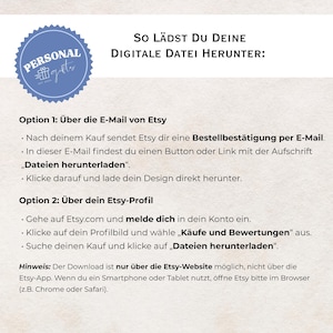 Puede incluir: Una gu&iacute;a de descarga digital con instrucciones sobre c&oacute;mo descargar archivos de Etsy. La gu&iacute;a incluye un logotipo circular azul con el texto "PERSONAL gifts" e instrucciones en alem&aacute;n. El texto est&aacute; sobre un fondo blanco.