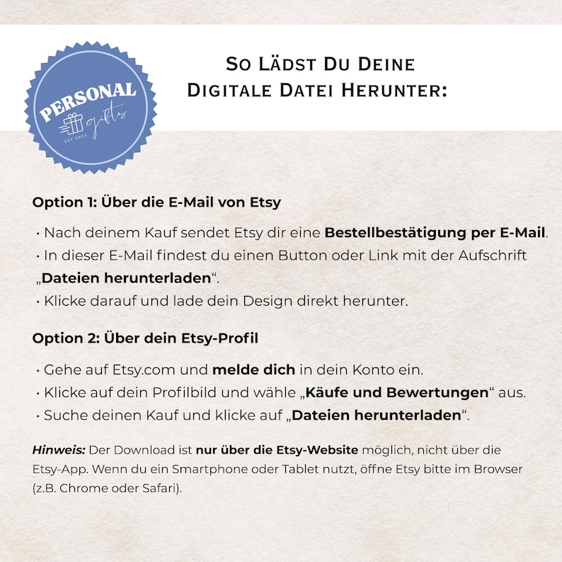 Puede incluir: Una gu&iacute;a de descarga digital con instrucciones sobre c&oacute;mo descargar archivos de Etsy. La gu&iacute;a incluye un logotipo circular azul con el texto "PERSONAL gifts" e instrucciones en alem&aacute;n. El texto est&aacute; sobre un fondo blanco.