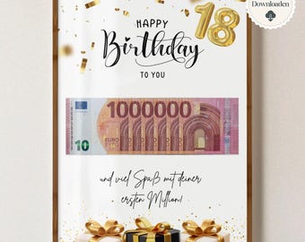 Regalo en efectivo para cumpleaños número 18 | Donar dinero de forma creativa | Tu primer millón | Divertido regalo de última hora en efectivo para imprimir tú mismo en formato A4