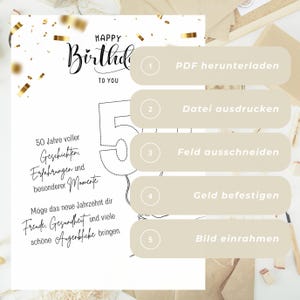 Puede incluir: Una tarjeta de cumplea&ntilde;os blanca con las palabras "HAPPY Birthday TO YOU" en escritura elegante. El n&uacute;mero "50" se muestra de forma destacada, junto con instrucciones en alem&aacute;n. Confeti dorado a&ntilde;ade un toque festivo.