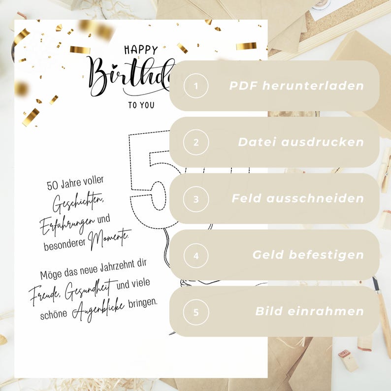 Puede incluir: Una tarjeta de cumplea&ntilde;os blanca con las palabras "HAPPY Birthday TO YOU" en escritura elegante. El n&uacute;mero "50" se muestra de forma destacada, junto con instrucciones en alem&aacute;n. Confeti dorado a&ntilde;ade un toque festivo.