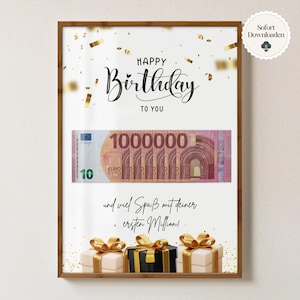 Birthday money gift | Give money creatively | Your first million | Unique last-minute money gift to print yourself A4