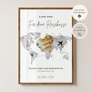 Personalized cash gift for birthdays, cash gift travel fund for birthdays, travel, travel voucher, last-minute birthday gift