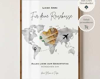 Regalo en efectivo personalizado para cumpleaños, fondo de viaje en efectivo para cumpleaños, viajes, vale de viaje, regalo de cumpleaños de última hora