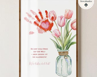 Geschenk für Oma mit Handabdruck, DIY Druckvorlage zum Ausdrucken, Last-Minute Geschenk zum Muttertag oder Geburtstag für Großmutter