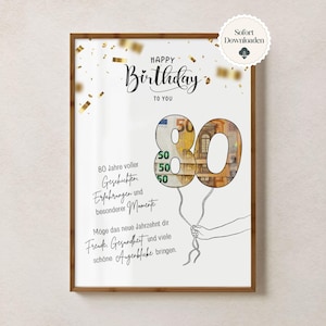 以下が含まれることがあります： 「Happy Birthday To You」の文字が入った、額縁に入った誕生日プリント。数字の「80」はユーロ紙幣で満たされた風船としてデザインされています。ドイツ語のテキストが含まれています。