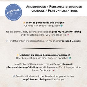 Puede incluir: Fondo blanco con texto en ingl&eacute;s y alem&aacute;n. El texto incluye "PERSONAL gifts" en un c&iacute;rculo azul, y frases como "&iquest;Quieres personalizar este dise&ntilde;o?" y "Encuentra el enlace en la descripci&oacute;n."