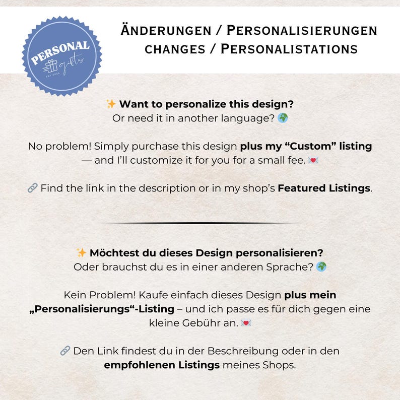 Puede incluir: Fondo blanco con texto en ingl&eacute;s y alem&aacute;n. El texto incluye "PERSONAL gifts" en un c&iacute;rculo azul, y frases como "&iquest;Quieres personalizar este dise&ntilde;o?" y "Encuentra el enlace en la descripci&oacute;n."