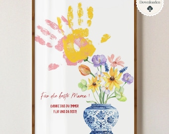 Een persoonlijk cadeau voor mama, een handafdruk als cadeau voor Moederdag of haar verjaardag. Een leuk knutselidee voor kinderen: bloemen met een handafdruk.