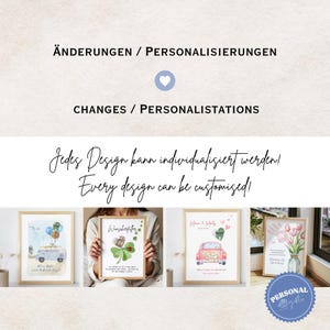 May include: Image featuring framed art prints with watercolor illustrations. Text at the top reads "CHANGES / PERSONALIZATIONS". The prints showcase various themes, including a camper van, a four-leaf clover, a vintage car, and tulips. The text "Every design can be customized!" is also visible.