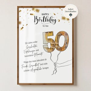 Puede incluir: Un cartel de cumplea&ntilde;os enmarcado con las palabras "Happy Birthday To You" en una elegante escritura. El n&uacute;mero "50" est&aacute; dise&ntilde;ado como globos llenos de moneda en euros, sostenidos por una mano. El texto es en alem&aacute;n.