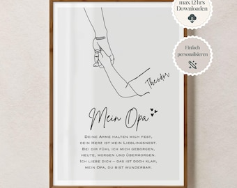 May include: A framed print with a minimalist line drawing of two hands holding each other. The text "Mein Opa" is below the drawing, with additional German text. The print is in a brown wooden frame.