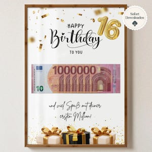 Cash gift for your 16th birthday | Give money creatively | Your first million | Funny last-minute cash gift to print yourself (A4)