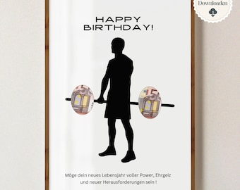 Presente em dinheiro para atletas – Presente digital em dinheiro para homens | Modelo para imprimir | Presente fitness, aniversário, levantamento de peso