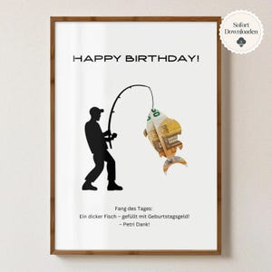 Regalo en efectivo para el cumpleaños de un pescador, regalo de bricolaje de último momento para pescadores aficionados | Plantilla de regalo de dinero digital para imprimir, regalo para él